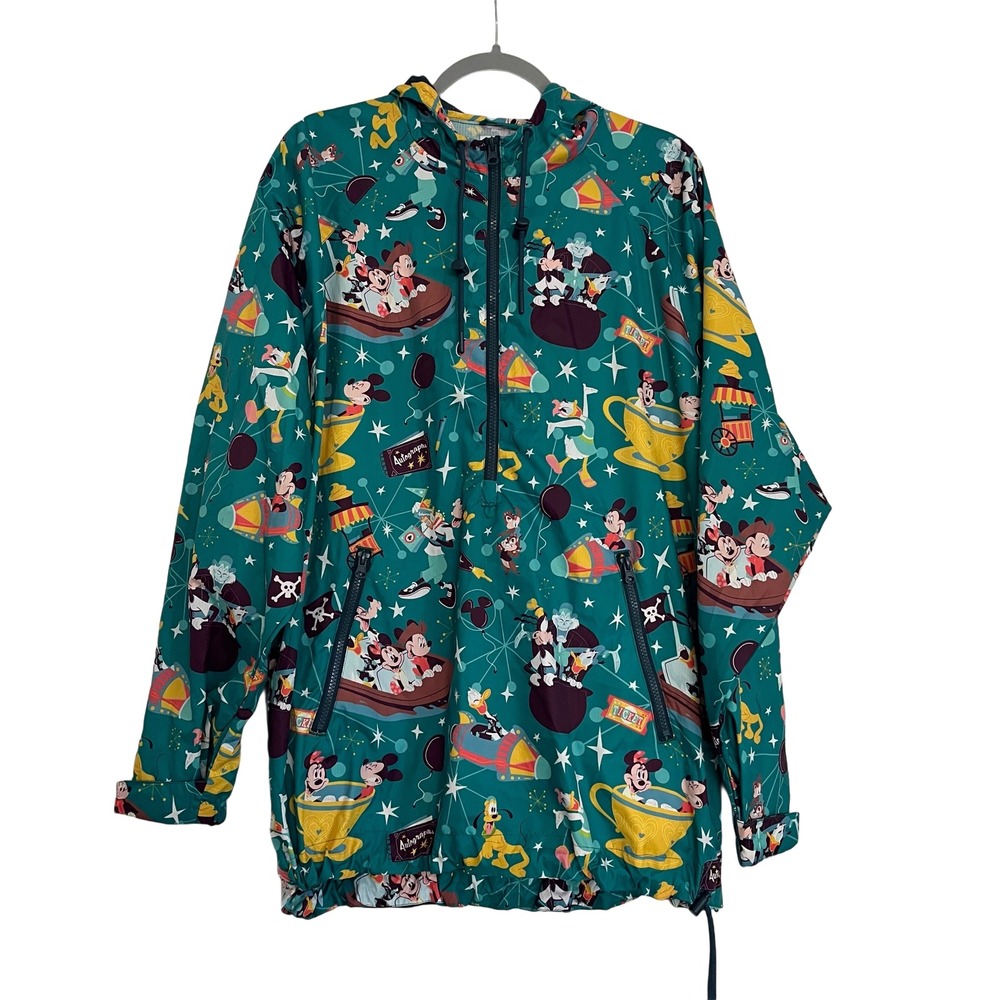 Disney Parks Windbreaker Women L Green Mickey Friends Theme Park Print Anorak EX